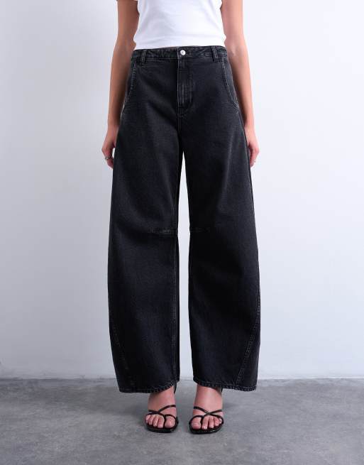 Topshop - Horseshoe - Vasket sorte jeans med hesteskoform, høj talje, tøndeformede ben og cirkulært design