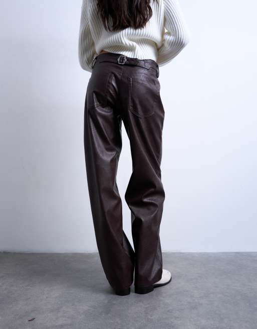 Topshop – Hose aus Kunstleder in Braun mit Taillenschnalle, 4 von 5