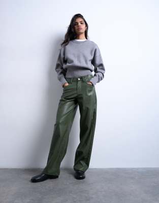 Topshop - Hose aus Kunstleder in Grün mit Bundschnalle
