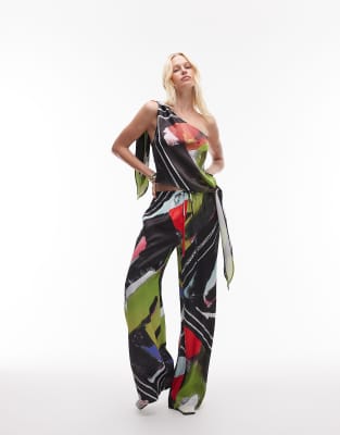 Topshop - Hose aus Satin mit weitem Bein und Schaltuch-Muster-Bunt