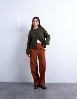 Topshop - Hose aus Wildlederimitat in Rostrot mit weitem Bein und Ziernaht-Brown