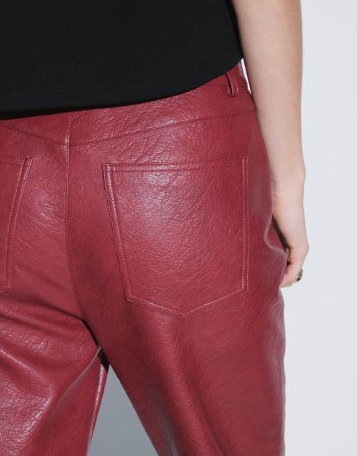Topshop Hose in geradem Schnitt in Kirschrot in Lederoptik, 5 von 9