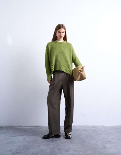 Topshop – Hose in Olivgrün mit weitem Bein und Laschendetail - view 1