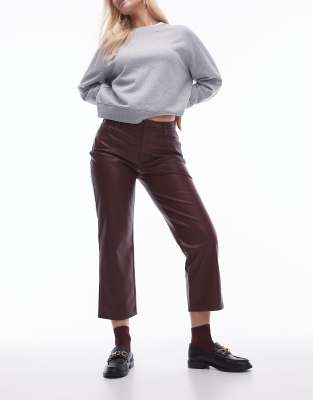 Hourglass ankle grazer straight leg faux leather pants in burgundy-Red