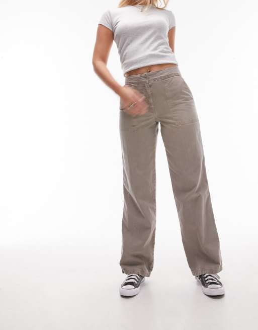 Topshop Hourglass - Broek met rechte pijpen en lage taille in taupe met wassing 