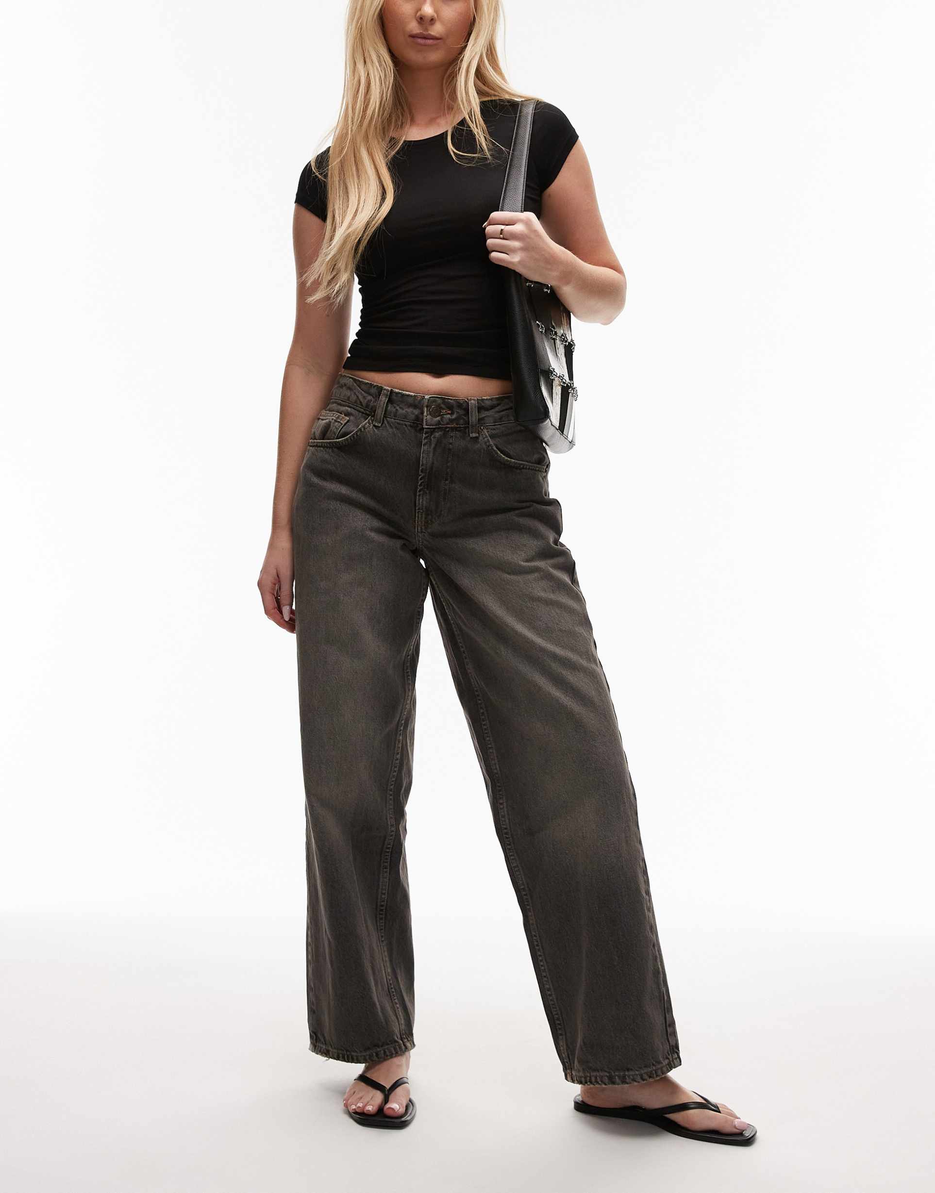 topshop hourglass cinch low rise relaxed jeans in dark vintage gray