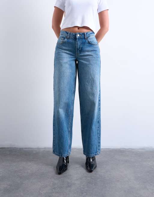 Topshop Hourglass cinch low rise relaxed jeans in mid blue