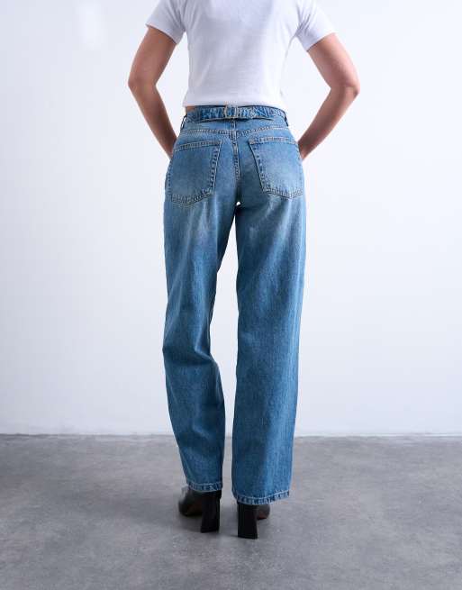 Topshop Hourglass cinch low rise relaxed jeans in mid blue