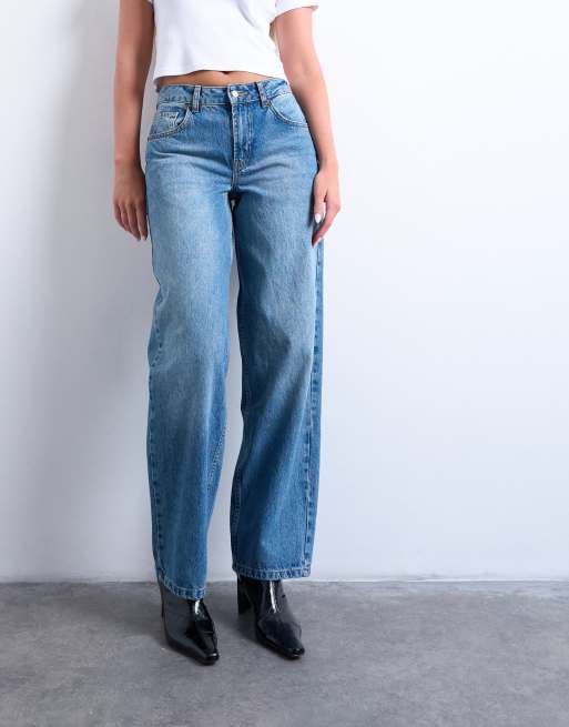 Topshop Hourglass cinch low rise relaxed jeans in mid blue