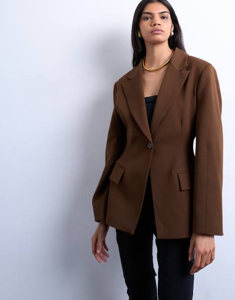 Topshop hourglass cinched blazer in brown - view 1