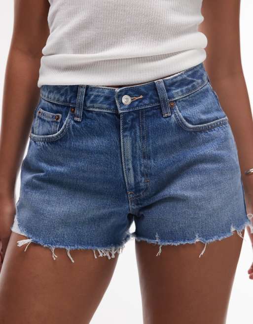 Topshop Hourglass denim A-line mom shorts with rip in mid blue