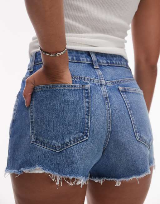 Topshop Hourglass denim A-line mom shorts with rip in mid blue