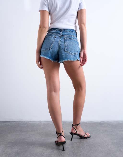 Topshop hourglass denim a-line shorts with rip in mid blue, 3 of 5