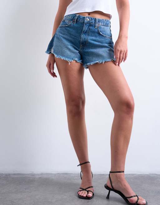 Topshop hourglass denim a-line shorts with rip in mid blue, 5 of 5