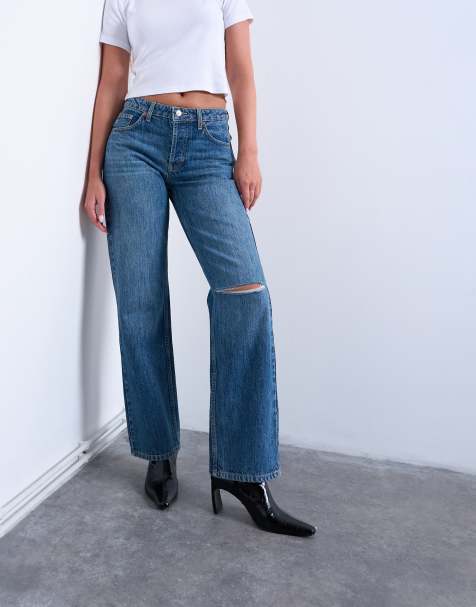 Topshop Hourglass Ember low rise straight leg jean with knee rip in mid blue - view 1
