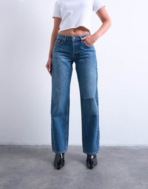 Topshop Hourglass Ember low rise straight leg jeans with knee rip in mid blue, 2 of 5