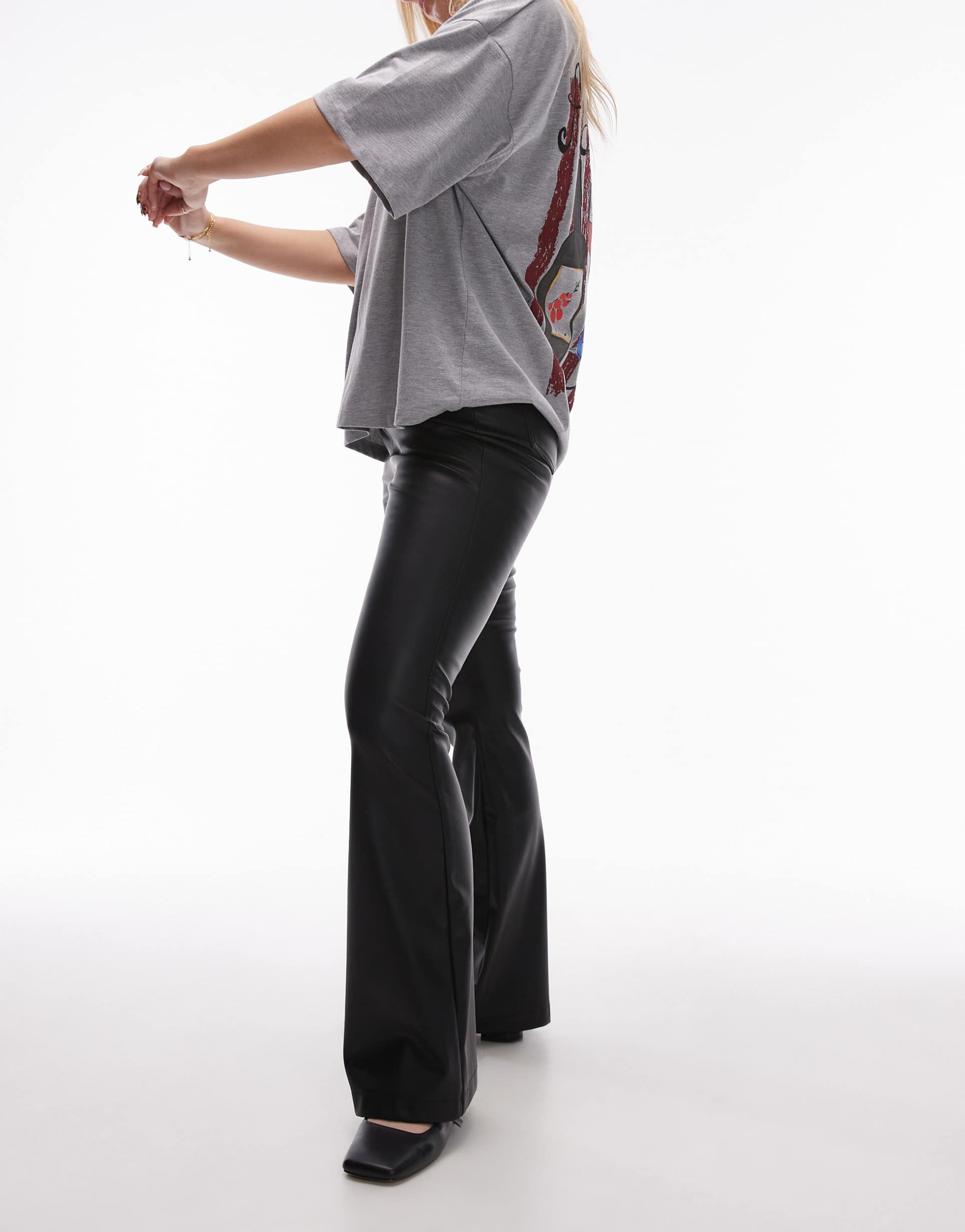 topshop hourglass faux leather flare pants in black