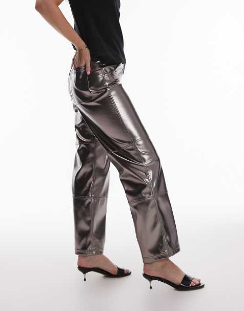 Topshop Hourglass – Gerade geschnittene Hose aus Metallic-Kunstleder in Graphitgrau - view 1