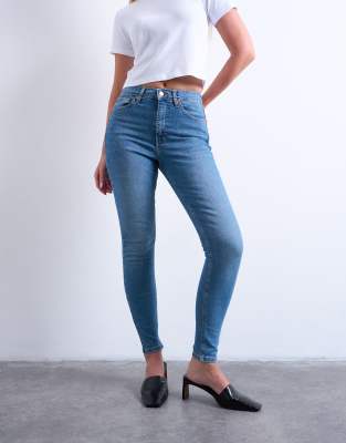 Topshop Hourglass - Jamie - Eng geschnittene Jeans in Mittelblau mit hohem Bund