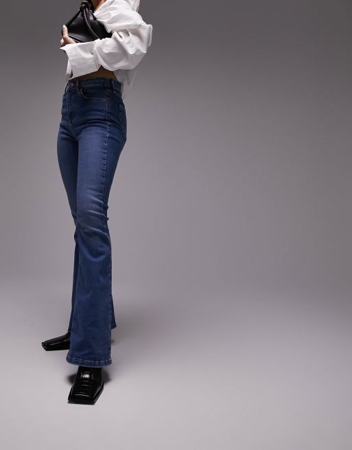 Topshop Hourglass Jamie Flare high rise jeans in mid blue, 4 of 5