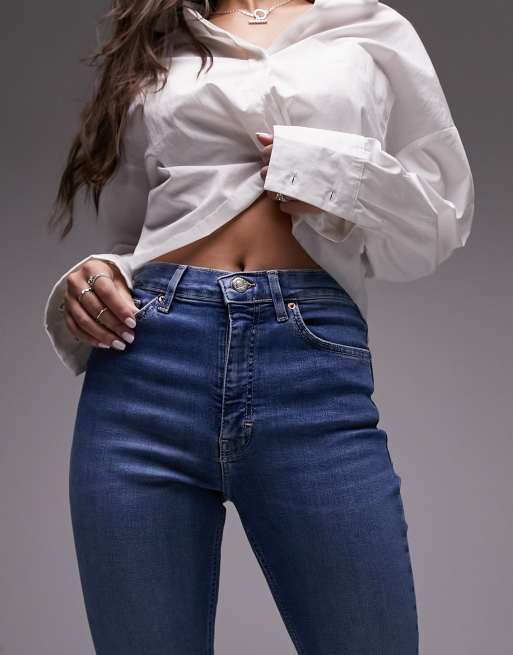 Topshop Hourglass Jamie Flare high rise jeans in mid blue, 5 of 5