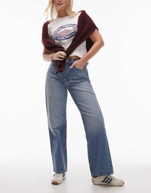 Topshop - Hourglass - Jeans met halfhoge taille en rechte losse pasvorm in middenblauw