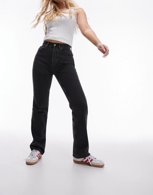 Topshop Hourglass – Kort – Czarne jeansy o prostym kroju z wysokim stanem i efektem sprania 