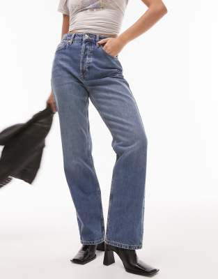 Topshop Hourglass - Kort - Gerade geschnittene Jeans in Mittelblau mit hohem Bund