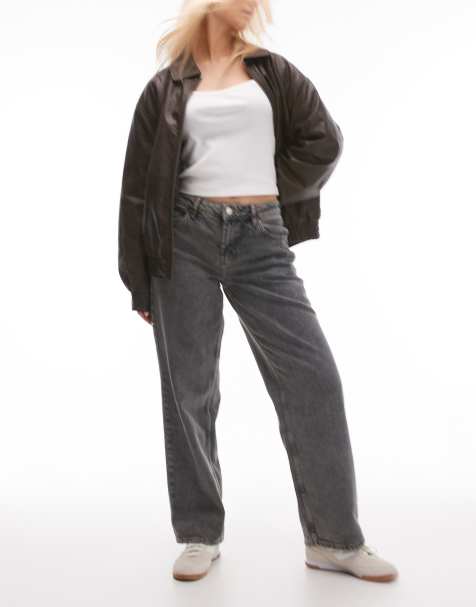 Topshop Hourglass – Locker geschnittene Jeans in Grau mit Schnallenriemen und niedrigem Bund - view 1