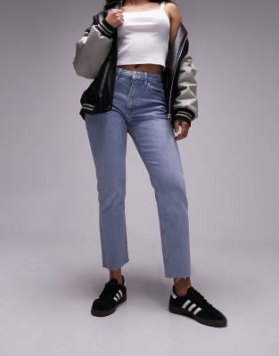 mid rise straight cropped jean with raw hems in bleach-Blue