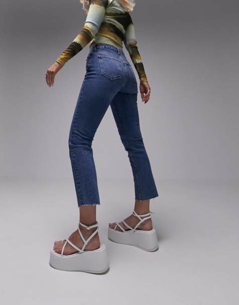 Topshop Hourglass mid rise straight cropped jean with raw hems in mid blue