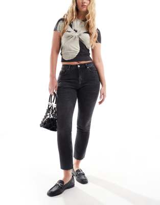 Topshop Hourglass mid rise straight cropped jean with raw hems in washed black