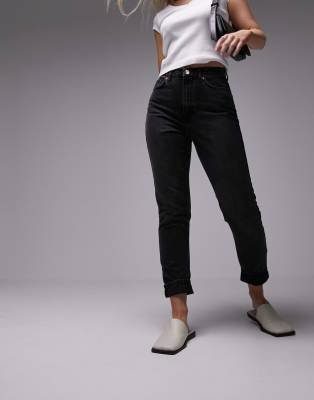 Topshop Hourglass Mom Jeans In Washed Black