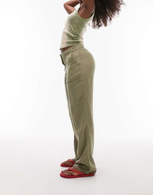 Topshop Hourglass - Pantalon cargo droit en lin à taille basse - Kaki