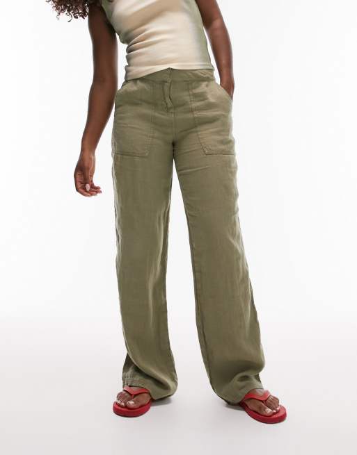 Topshop Hourglass - Pantalon cargo droit en lin à taille basse - Kaki, 4 de 4
