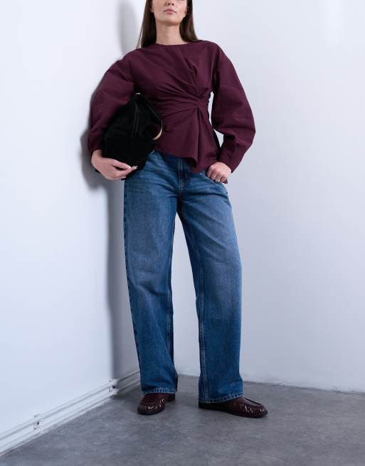 Topshop Hourglass - Ruimvallende jeans met lage taille met bandje in middenblauw