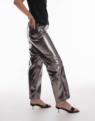 Hourglass straight leg metallic faux leather pants in gunmetal-No color