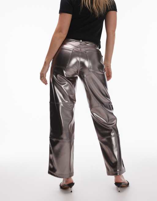 Topshop Hourglass straight leg metallic faux leather pants in gunmetal