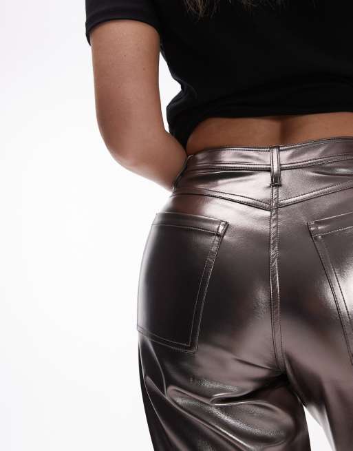 Topshop Hourglass straight leg metallic faux leather pants in gunmetal
