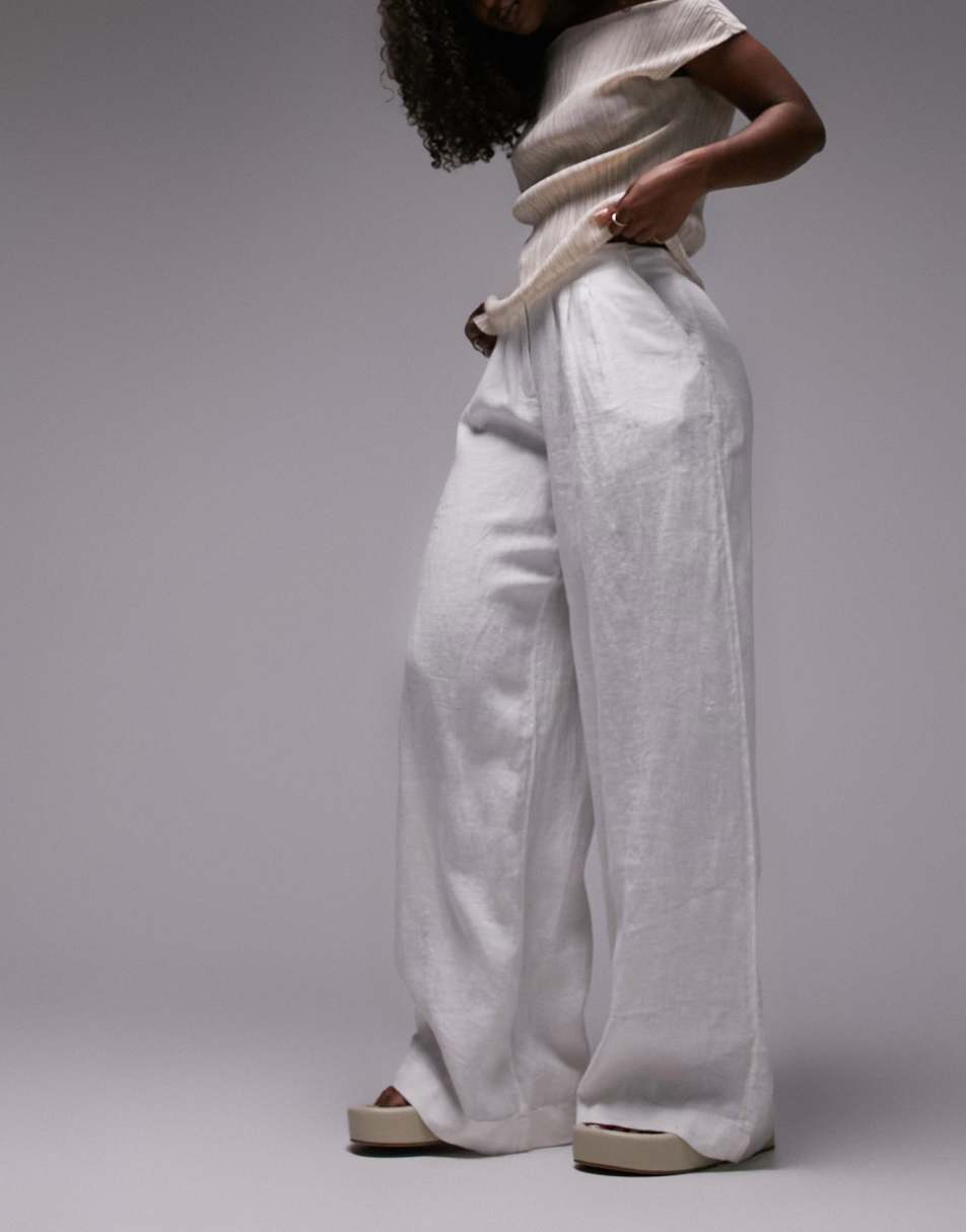 Topshop + Linen Tie Waist Mid Rise Straight Leg Trouser In White