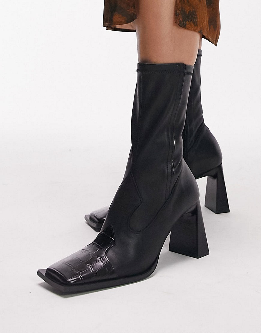 Topshop Hudson premium leather heeled western boot in black