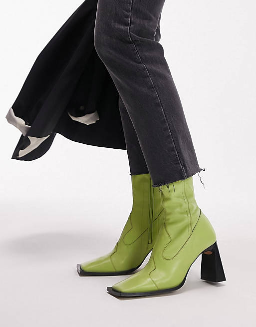 Topshop Hudson premium leather heeled western boot in lime
