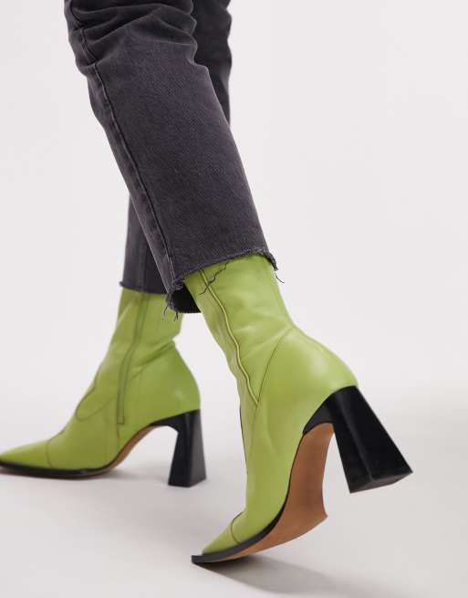 Topshop Hudson premium leather heeled western boot in lime ASOS