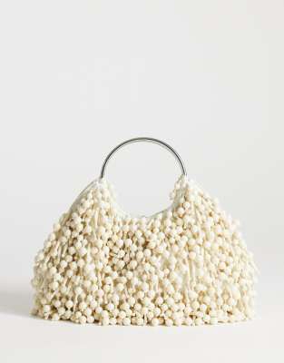 Topshop Hunter bead grab bag with metal handle in ivory