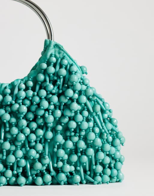 Topshop - Hunter - Blågrøn mellemstor håndtaske med metalhank og perler, 3 af 4