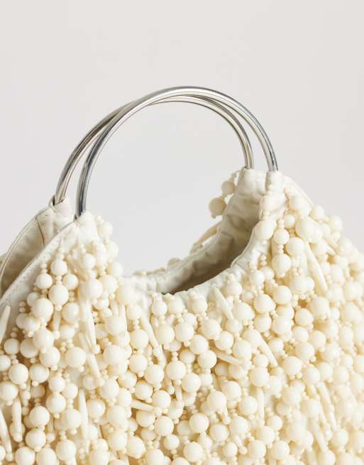 Topshop - Hunter - Borsa a mano con perline color avorio con manico in metallo, 3 di 4