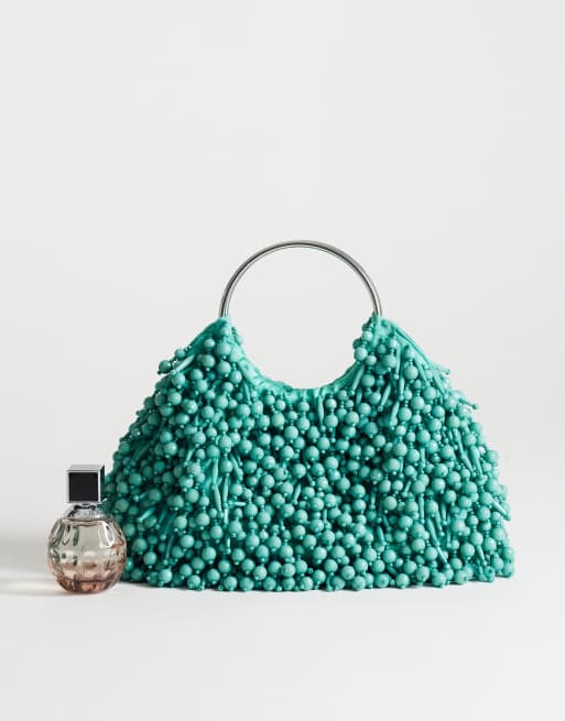 Topshop - Hunter - Borsa a mano media con perline verde-azzurro e manico in metallo, 2 di 4