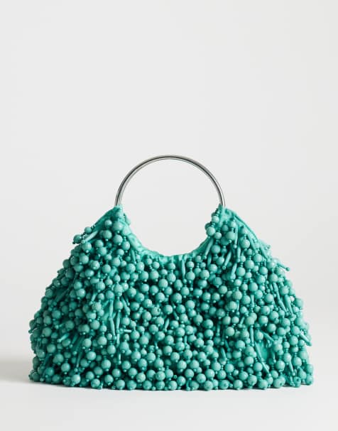 Topshop Hunter medium beaded clutch purse with metal handle in teal - view 1