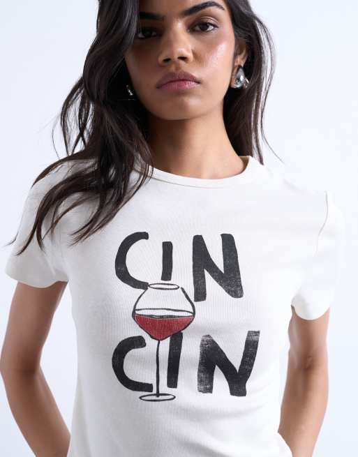 Topshop - Hvid baby-T-shirt med 'Cin Cin'-grafik, 2 af 4