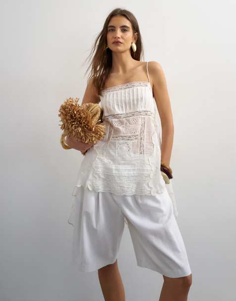 Topshop - Hvid cami-top med blondepaneler og broderede detaljer - view 1